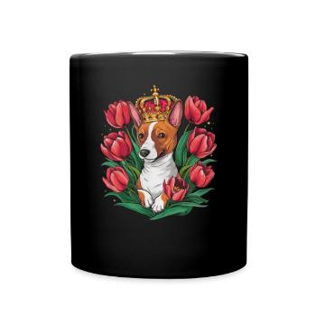 Cartoon Basenji Dog with Crown and Tulips - Full Colour Mug - black - Front