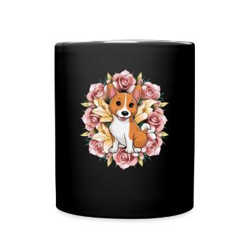 Basenji Hund mit Rosen und Lillien - Tasse einfarbig - Schwarz - Vorne