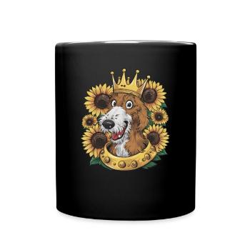Irischer Wolfshund, Krone und Sonnenblumen - Tasse einfarbig - Schwarz - Vorne