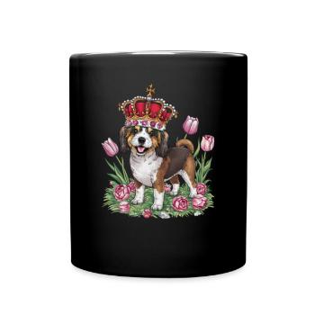 Cute Lion Dog with Flowers and Crown - Full Colour Mug - black - Front