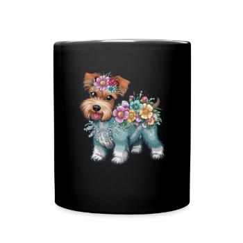 Cute cartoon terrier with colorful flowers - Full Colour Mug - black - Front