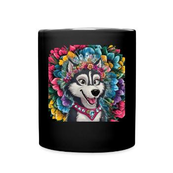 Farbenfrohes Motiv mit Husky und schönen Blumen - Tasse einfarbig - Schwarz - Vorne