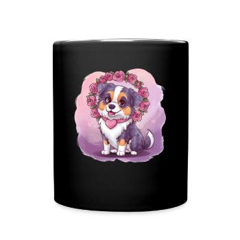 Cartoon Australischer Schäferhund mit Rosen - Tasse einfarbig - Schwarz - Vorne