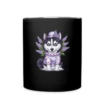 Cute cartoon husky with lilac - Full Colour Mug - black - Front