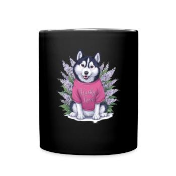 Cute cartoon husky with lilac - Full Colour Mug - black - Front