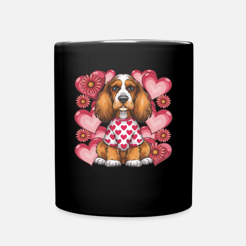 Niedlicher Cocker Spaniel, Herzen und Blumen - Tasse einfarbig - Schwarz