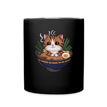 Kawaii Katze mit Ramen Schüssel - Tasse einfarbig - Schwarz - Vorne