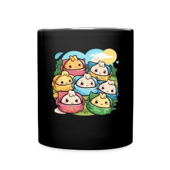Kawaii Familie mit gefüllten Teigtaschen - Tasse einfarbig - Schwarz - Vorne