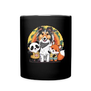 Sheltie (Shetland Sheepdog), Panda und Fuchs - Tasse einfarbig - Schwarz - Vorne