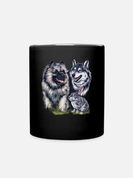 Wolfsspitz mit Wolf und Hase - Tasse einfarbig - Schwarz