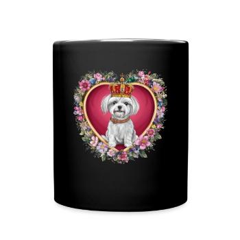 Süßer Maltese Hund mit Blumen und Krone - Tasse einfarbig - Schwarz - Vorne