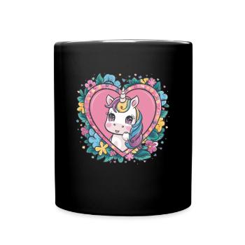 Kawaii Unicorn with Flowers and Hearts - Full Colour Mug - black - Front