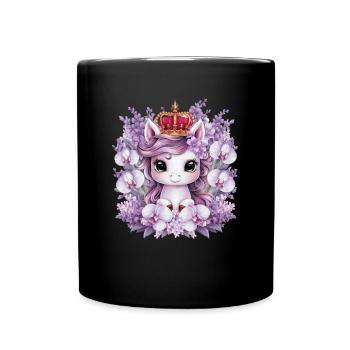 Kawaii Einhorn mit Orchideen und Flieder - Tasse einfarbig - Schwarz - Vorne