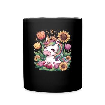 Kawaii unicorn with crown, tulips and sunflowers - Full Colour Mug - black - Front