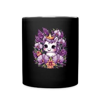 Kawaii Unicorn with Orchids and Lilac - Full Colour Mug - black - Front