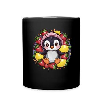 Cartoon Kawaii Pinguin mit Erdbeeren und Zitronen - Tasse einfarbig - Schwarz - Vorne