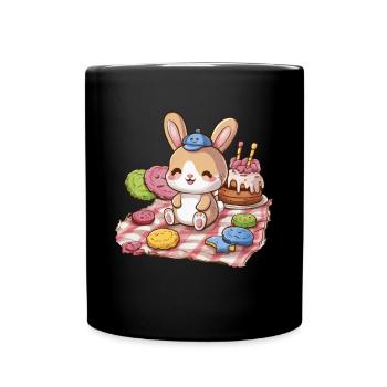 Dessin animé lapin kawaii avec des biscuits et un gâteau - Mug uni - noir - Devant
