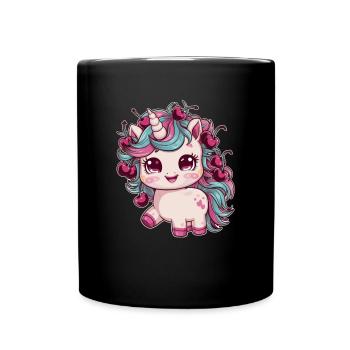 Cooles Kawaii Einhorn mit Kirschen - Tasse einfarbig - Schwarz - Vorne