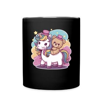 Kawaii Einhorn mit süßen Teddybär - Tasse einfarbig - Schwarz - Vorne