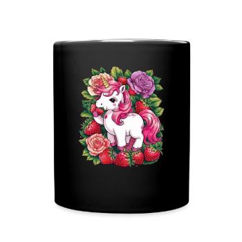 Kawaii Einhorn mit Erdbeeren und Rosen - Tasse einfarbig - Schwarz - Vorne