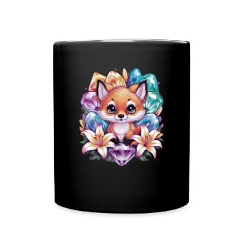 Cartoon Kawaii Fuchs mit farbenfrohen Blumen - Tasse einfarbig - Schwarz - Vorne