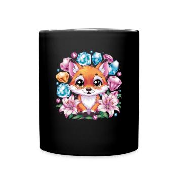 Cartoon Kawaii Fox with Colorful Flowers - Full Colour Mug - black - Front