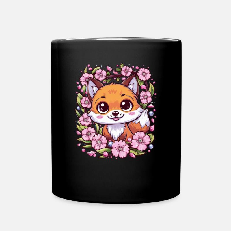 Kawaii Fuchs mit Sakura Kirschblüten - Tasse einfarbig - Schwarz