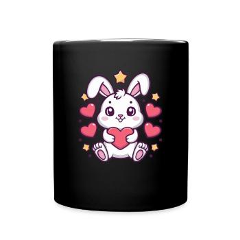 Süßer Kawaii Hase mit Herzen und Sternen - Tasse einfarbig - Schwarz - Vorne