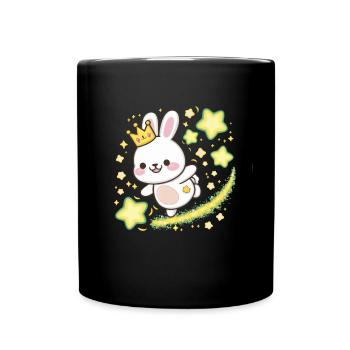 Süßer Kawaii Hase mit Krone und Sternen - Tasse einfarbig - Schwarz - Vorne