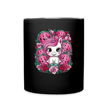 Kawaii Einhorn mit Rosen und Melone - Tasse einfarbig - Schwarz - Vorne