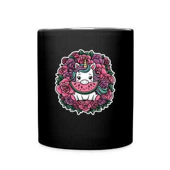 Kawaii Einhorn mit Rosen und Melone - Tasse einfarbig - Schwarz - Vorne