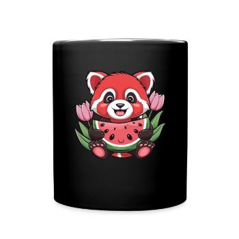 Roter Kawaii Panda mit Melonen und Tulpen - Tasse einfarbig - Schwarz - Vorne