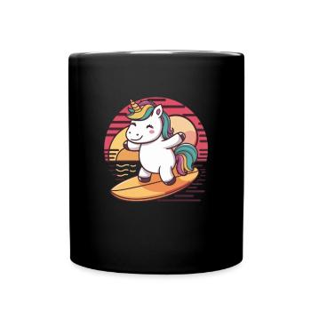 Surfendes Kawaii Einhorn mit Surfbrett - Tasse einfarbig - Schwarz - Vorne