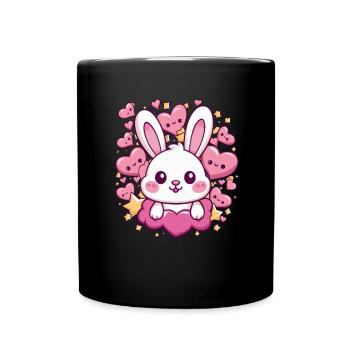 Süßer Kawaii Hase mit Herzen und Sternen - Tasse einfarbig - Schwarz - Vorne