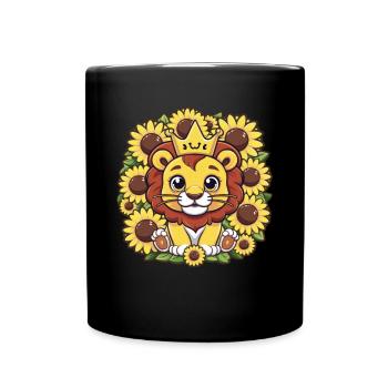 Dessin animé Kawaii lion avec couronne et tournesols - Mug uni - noir - Devant