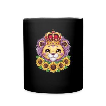 Dessin animé Kawaii lion avec couronne et tournesols - Mug uni - noir - Devant