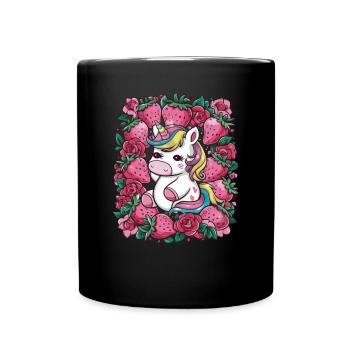 Licorne Kawaii aux fraises et roses - Mug uni - noir - Devant