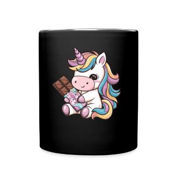 Süßes Kawaii Einhorn mit Schokolade - Tasse einfarbig - Schwarz - Vorne