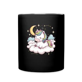 Kawaii Einhorn mit Wolken, Mond und Sternen - Tasse einfarbig - Schwarz - Vorne