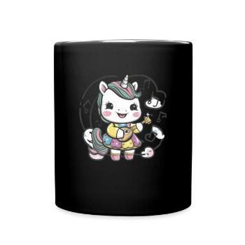 Kawaii Einhorn mit Gitarre liebt Musik - Tasse einfarbig - Schwarz - Vorne