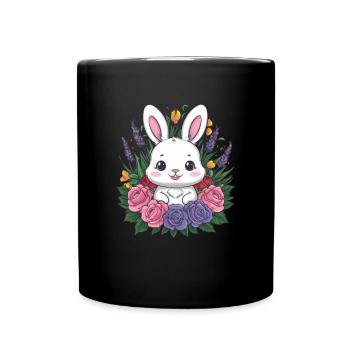 Mignon lapin kawaii avec des roses et de la lavande - Mug uni - noir - Devant