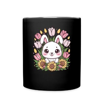 Kawaii bunny with tulips and sunflowers - Full Colour Mug - black - Front