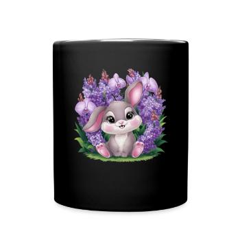 Kawaii Bunny with Orchids and Lilac - Full Colour Mug - black - Front
