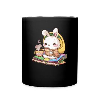 Knuffiger Hawaii Hase mit Tee und Decke - Tasse einfarbig - Schwarz - Vorne