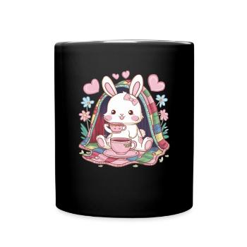 Knuffiger Hawaii Hase mit Tee und Decke - Tasse einfarbig - Schwarz - Vorne