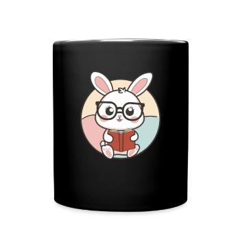 Knuffiger Kawaii Hase mit Brille und Buch - Tasse einfarbig - Schwarz - Vorne