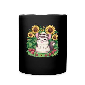 Kawaii Chinchilla mit Erdbeeren & Sonnenblumen - Tasse einfarbig - Schwarz - Vorne