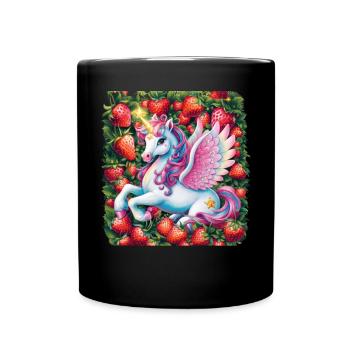 Mignon Licorne Pégase avec des fraises - Mug uni - noir - Devant