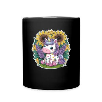 Kawaii Unicorn with Sunflowers and Lilac - Full Colour Mug - black - Front