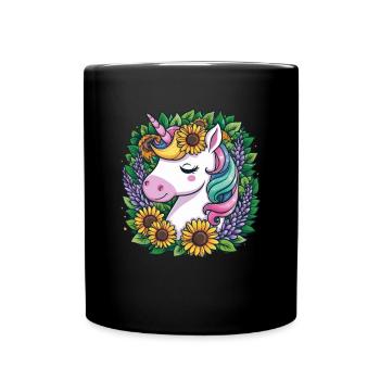 Kawaii Einhorn mit Sonnenblumen und Flieder - Tasse einfarbig - Schwarz - Vorne